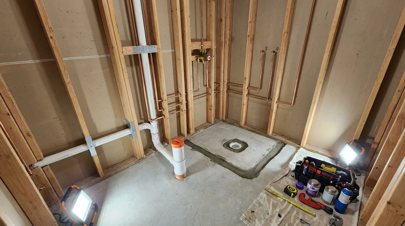 Bathroom rough-in plumbing during remodel by Johns Plumbing LLC in Shawsville