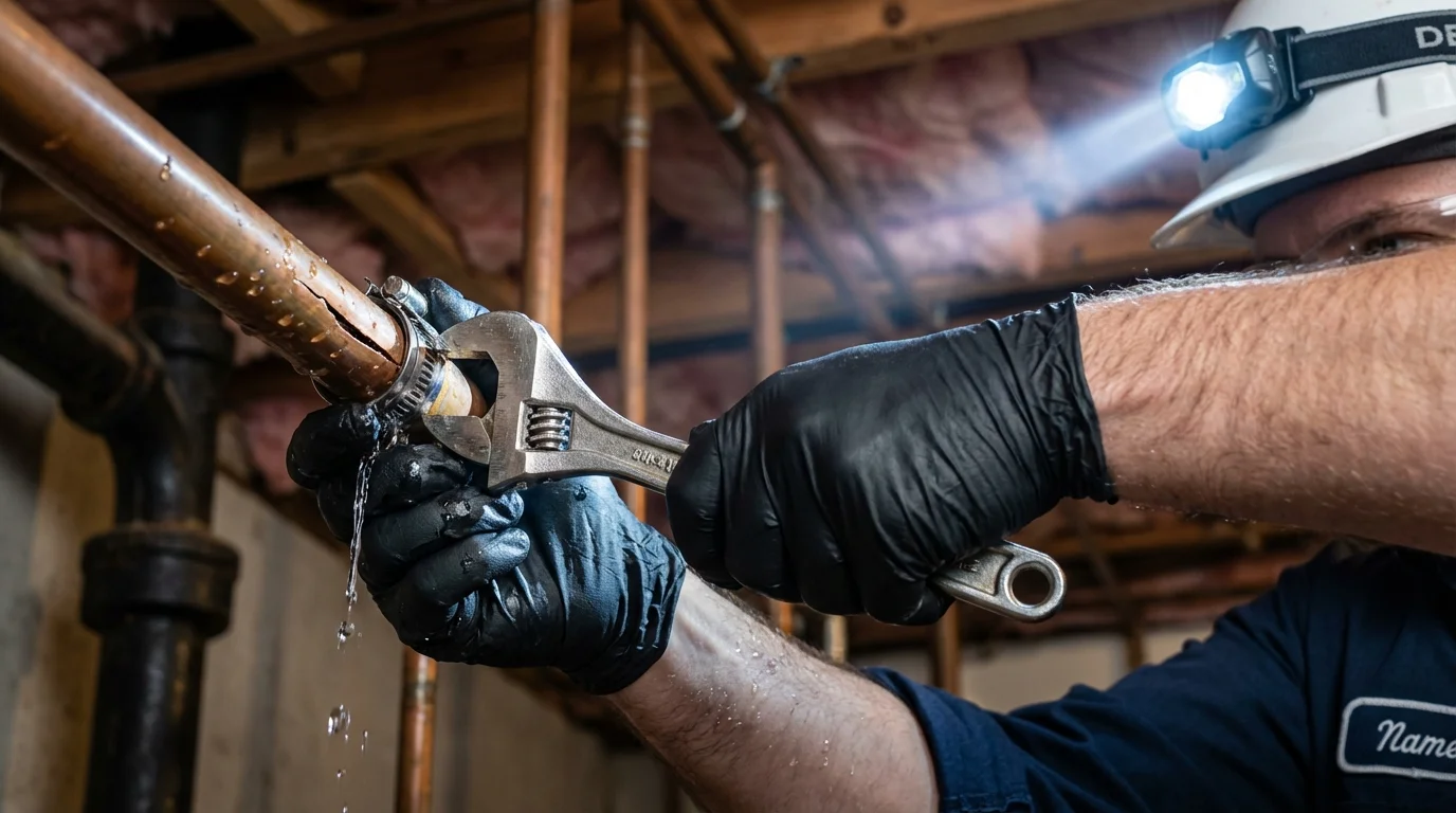 Emergency pipe clamp repair being performed by a Johns Plumbing LLC plumber in Shawsville