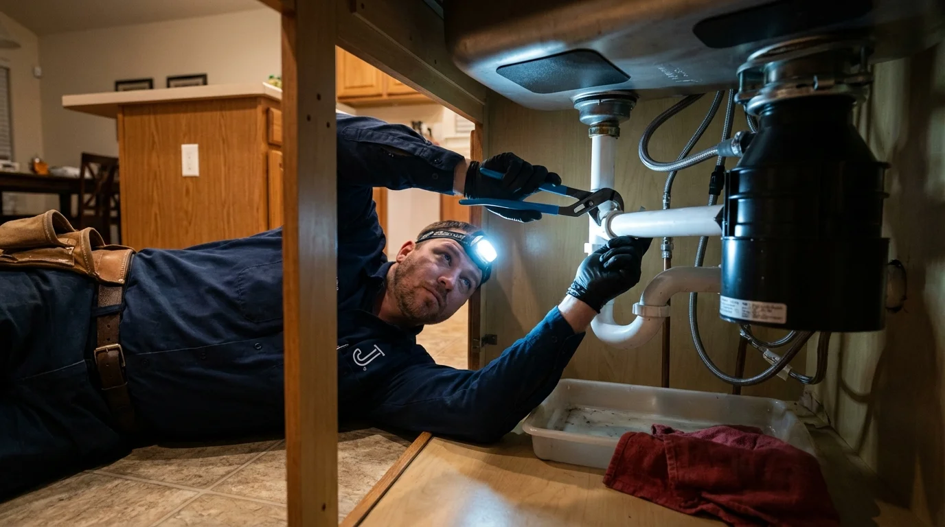 P-trap and supply line connections under a kitchen sink showing a common leak point in Shawsville, VA